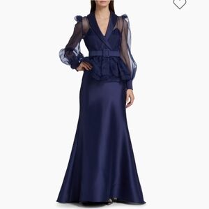 Badgley Mischka Navy Organza Peplum Trumpet Gown